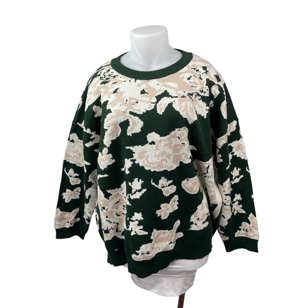 Bloomchi Women's Green Floral Crew Neck Long Sleeve Knit Sweater Top Size 22/24
